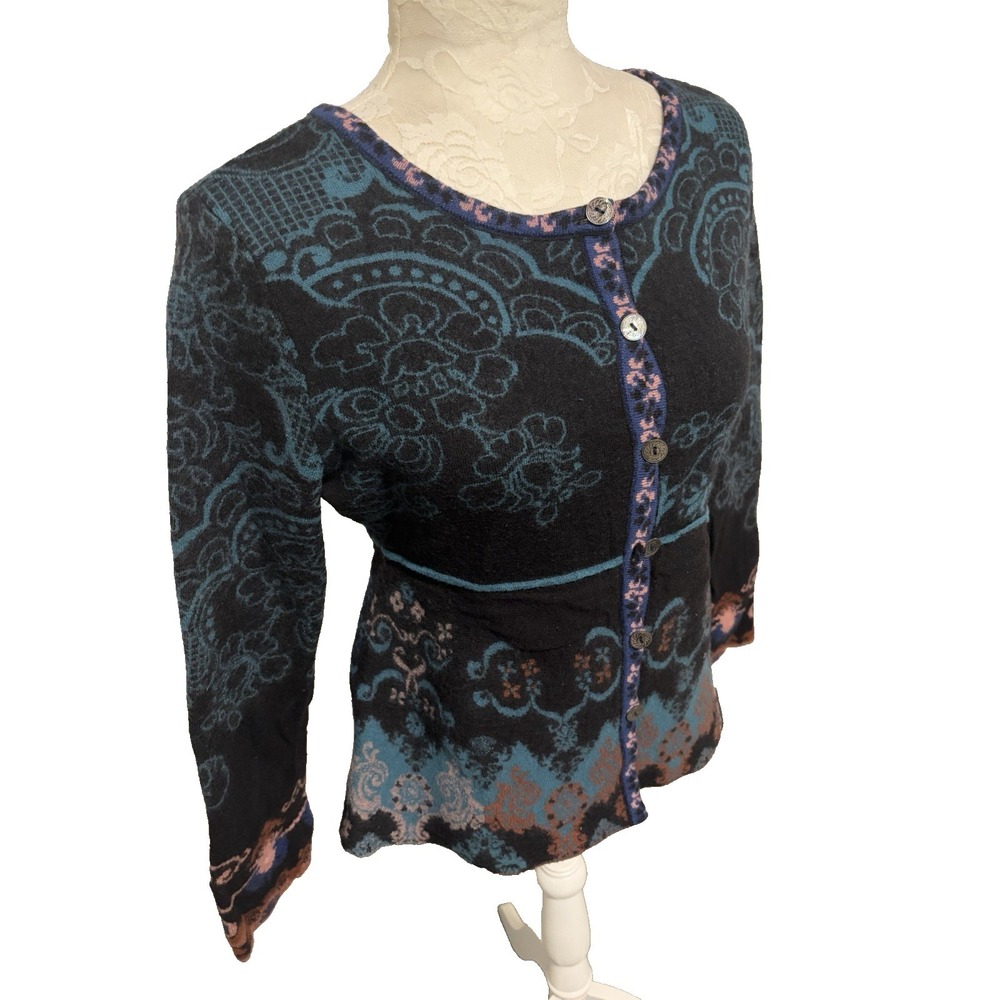 IVKO Cardigan Sweater ~Shrunken to an XS~ 35" Bust~ Black Multi 100% Wool AS IS